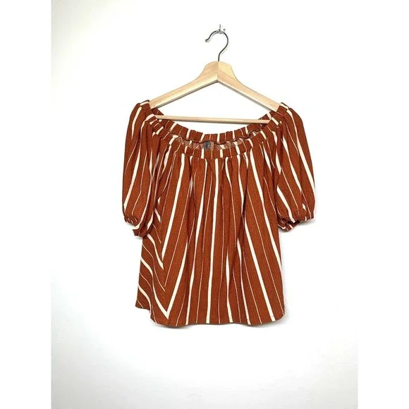Anthropologie Womens Off The Shoulder Top Rust & White Stripe Elastic Neckline S - Picture 4 of 9